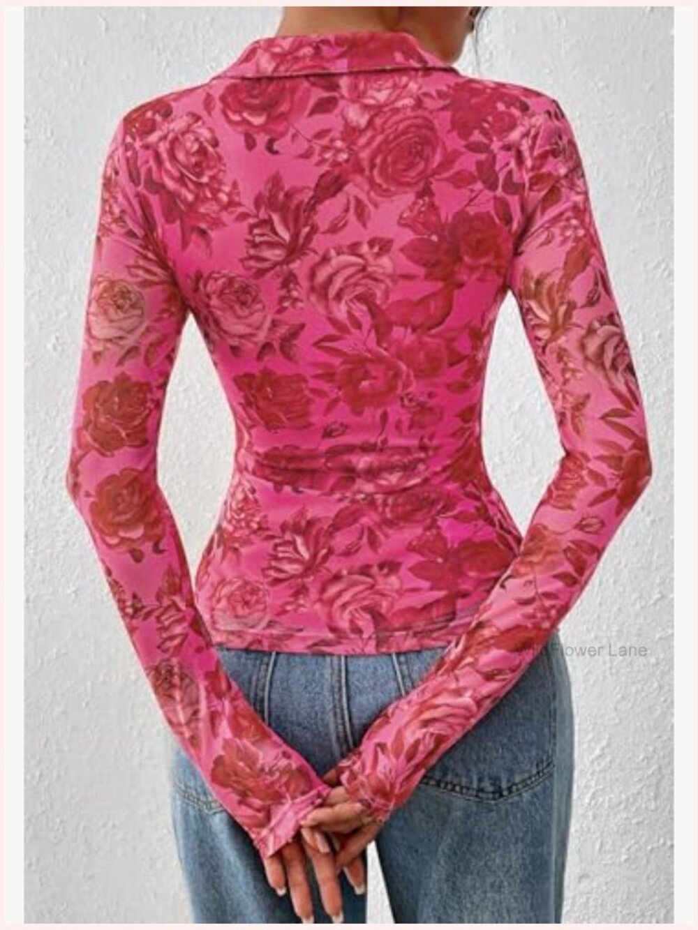 Women's Button Down Floral Mesh Blouse V Neck Long Sleeve Boho Top - Picture 5 of 7